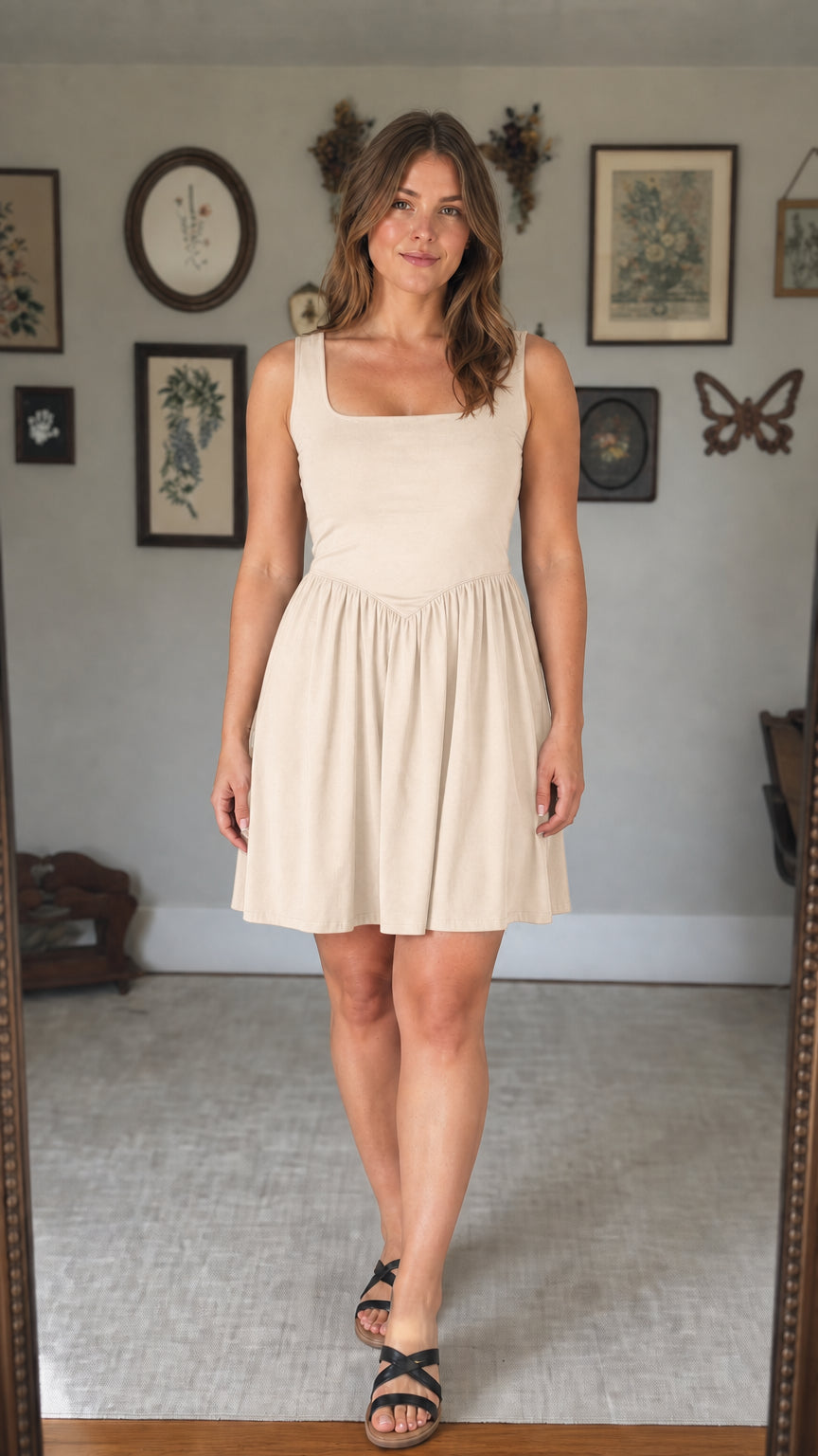 Front view of woman wearing beige mini dress