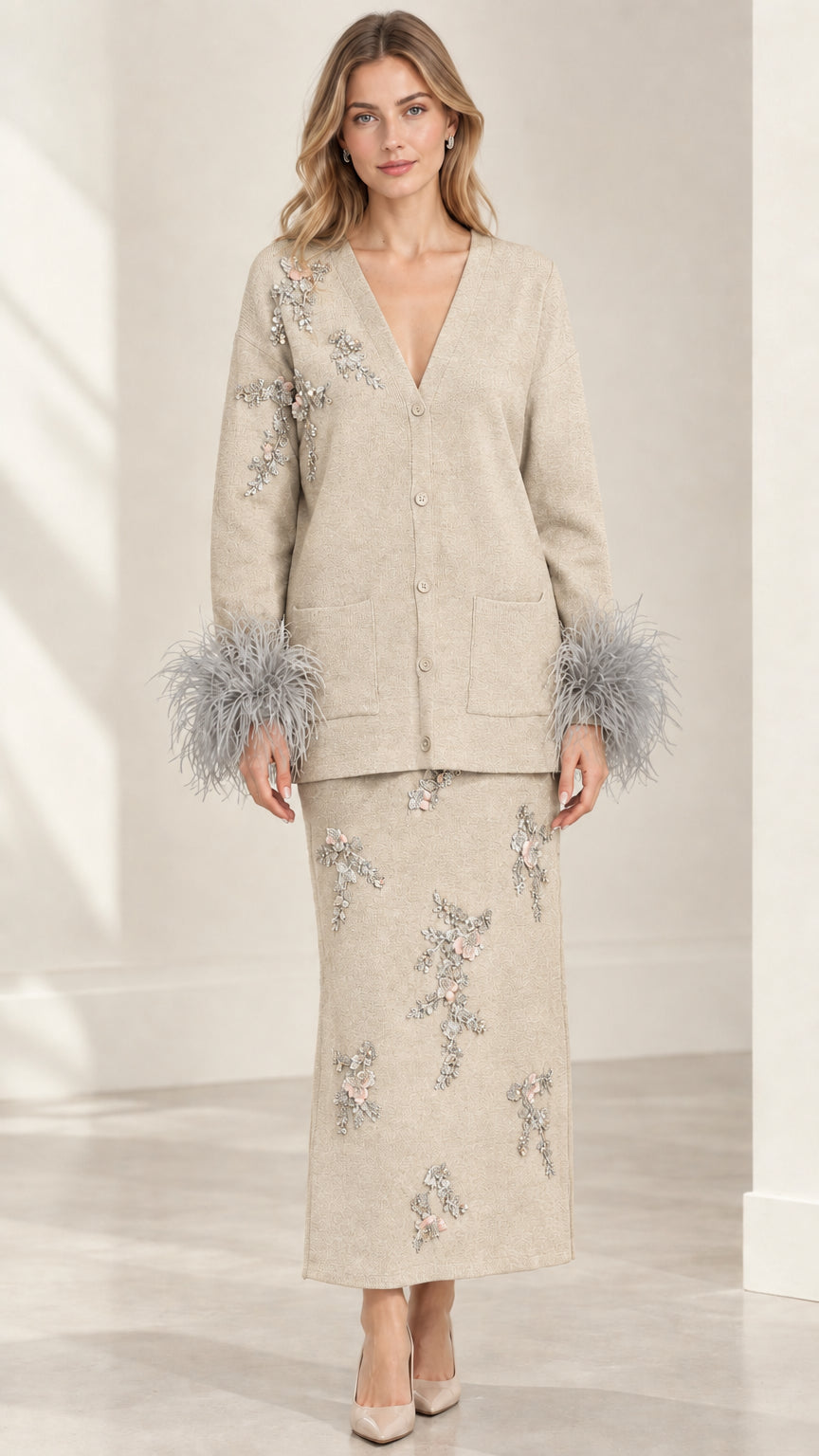 Model wearing Beige sequin-adorned knit cardigan and maxi skirt set with feather cuffs