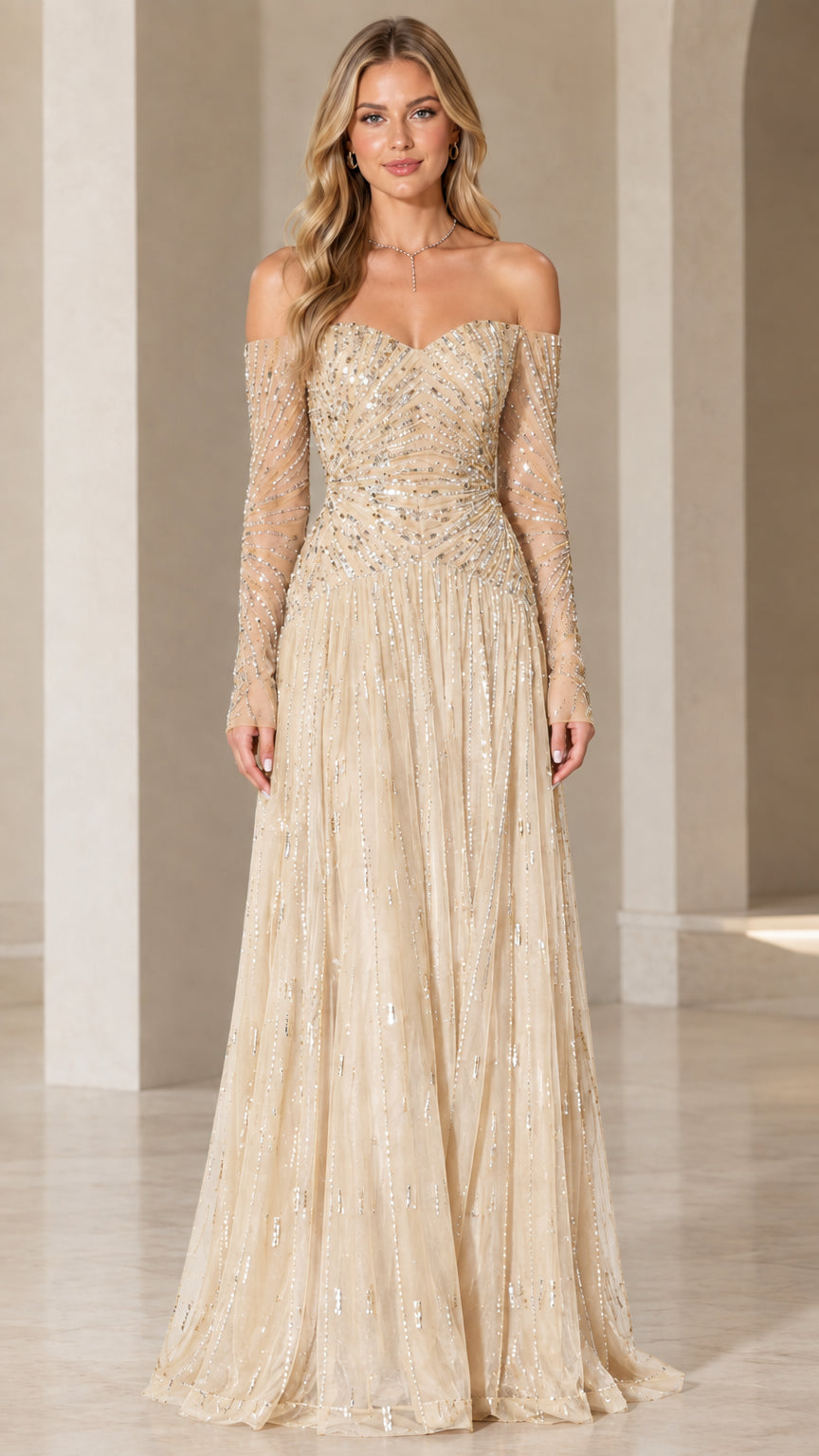 Front view of champagne gold off-the-shoulder sequin evening gown