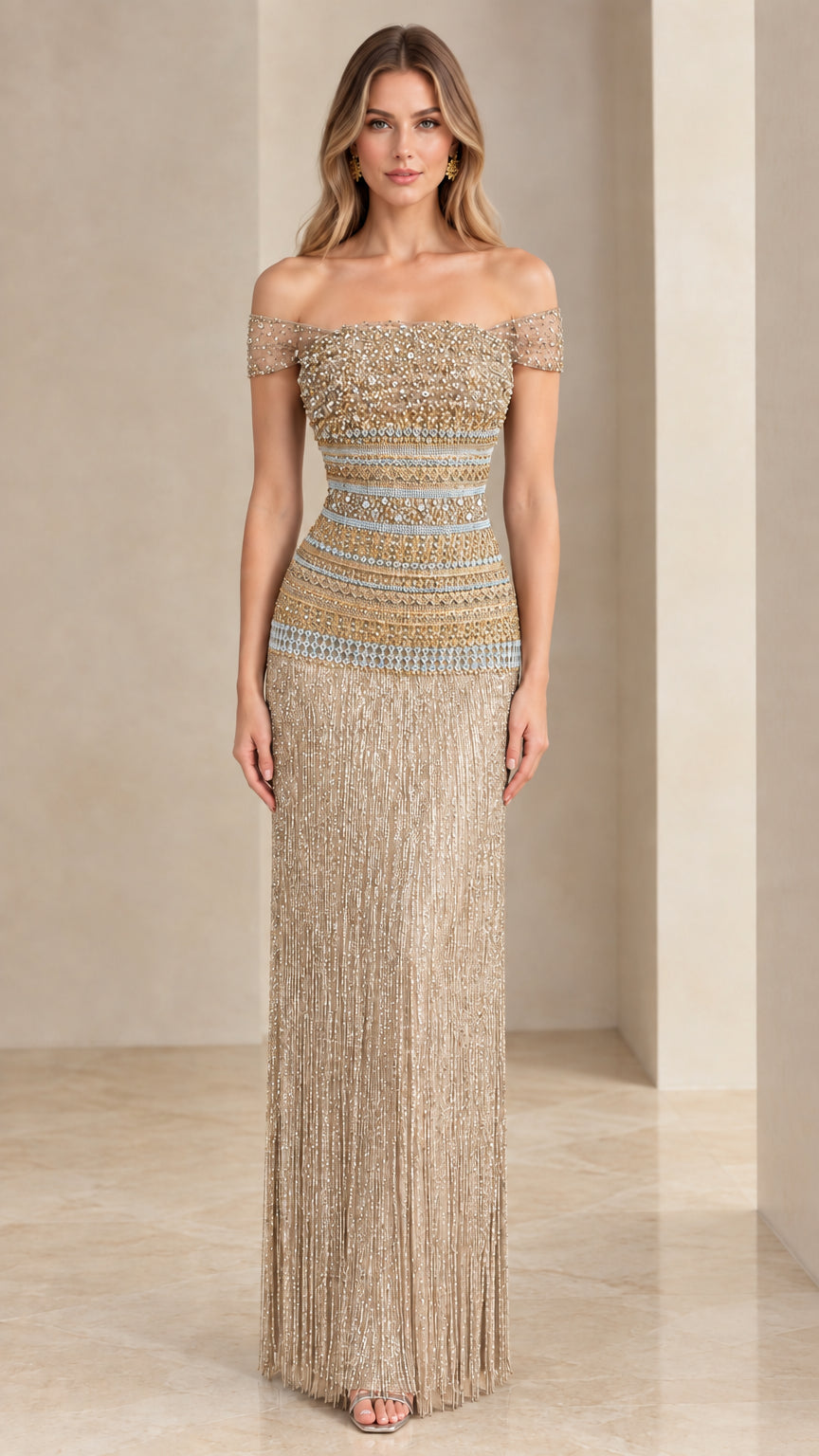Front view of champagne gold off-the-shoulder beaded fringe evening gown