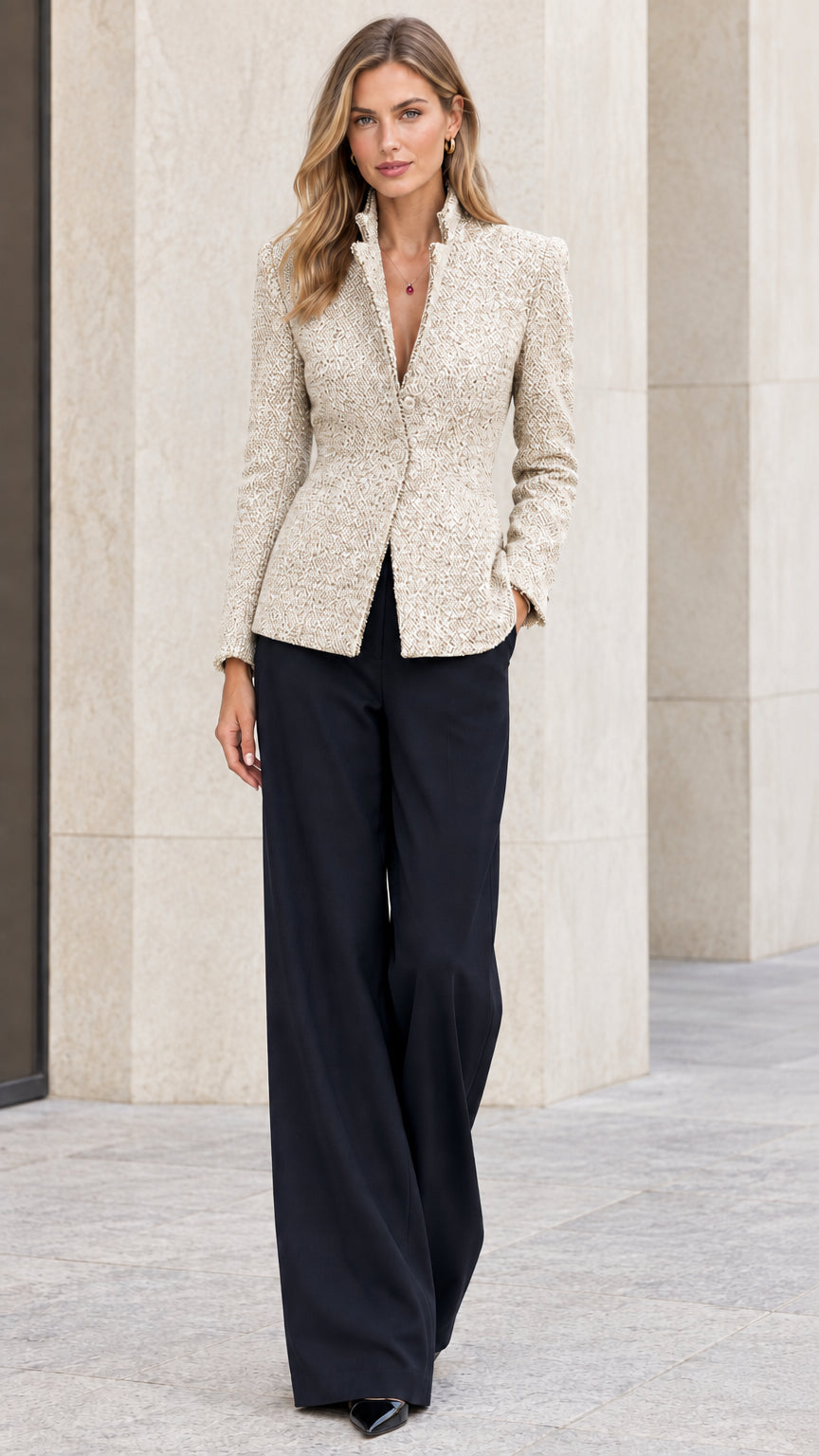 Full front view of model wearing beige cream textured tweed blazer with black trousers