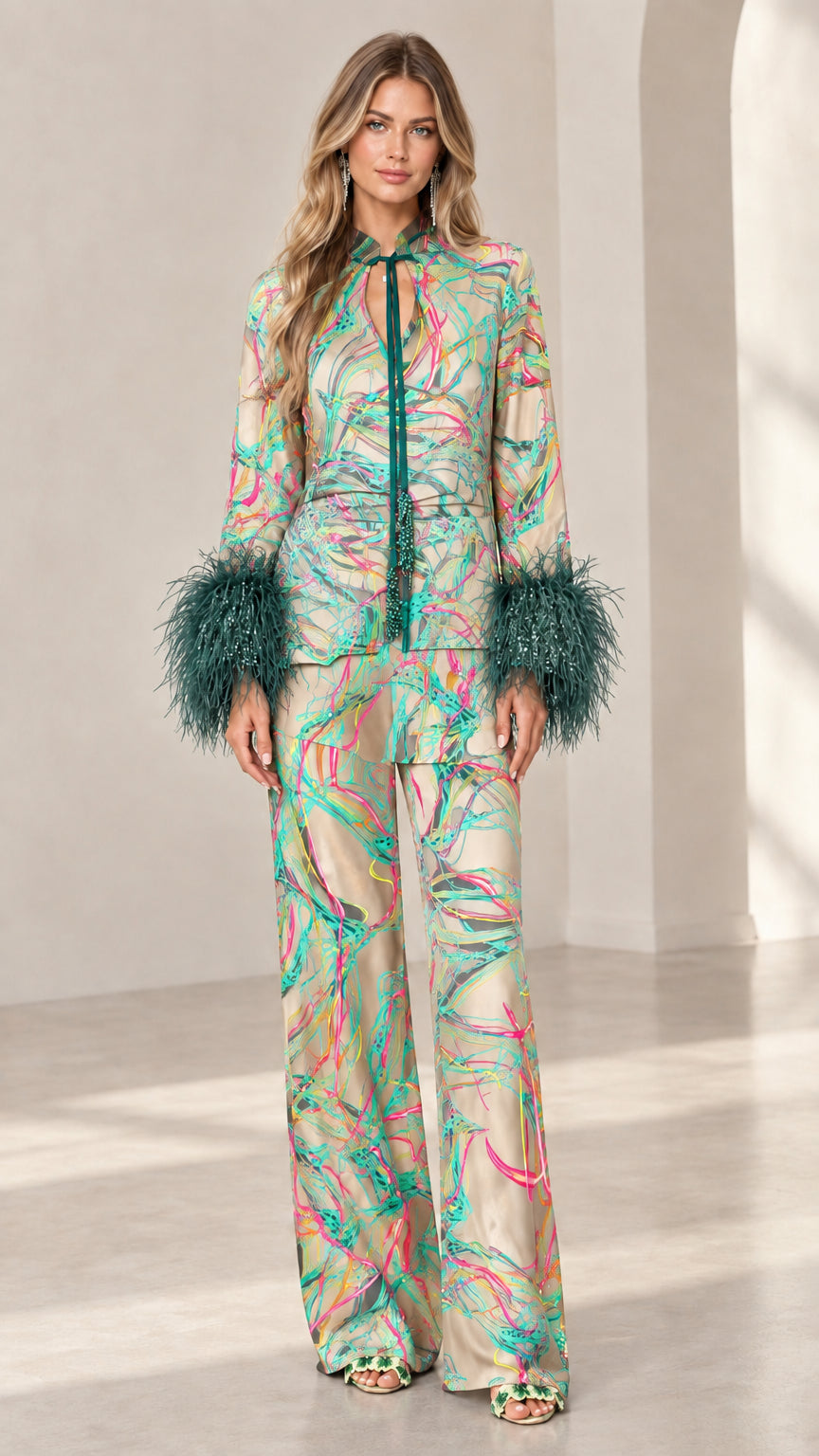 Full-length view of Champagne feather cuff printed satin pant set
