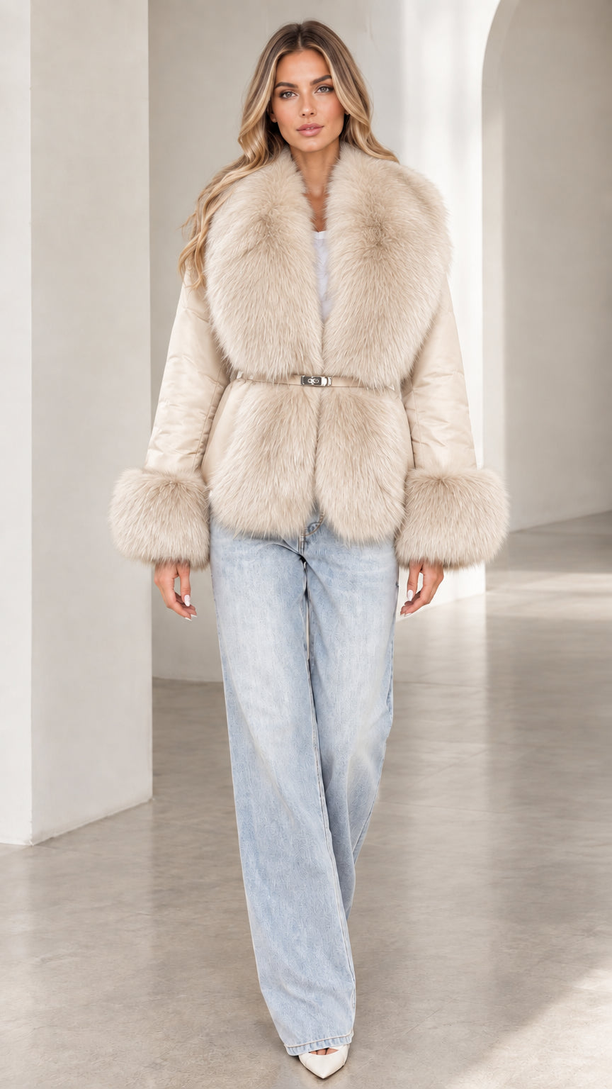 Model wearing cream beige belted winter coat with plush faux fur collar