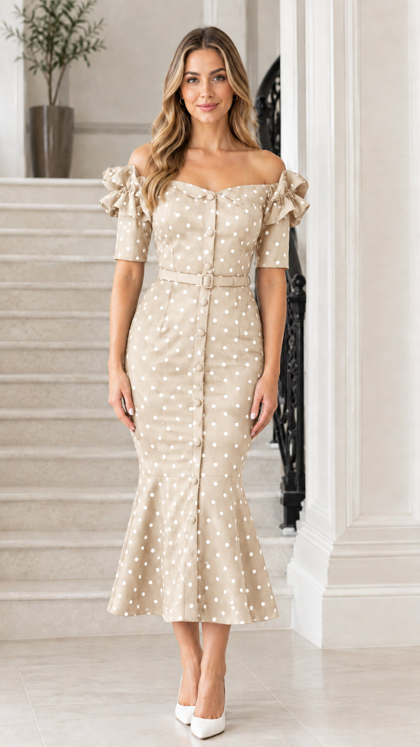 Front view of beige polka dot off-the-shoulder mermaid midi dress