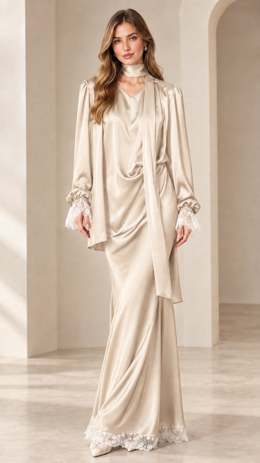 Champagne ivory lustrous satin draped maxi gown set with delicate lace hem