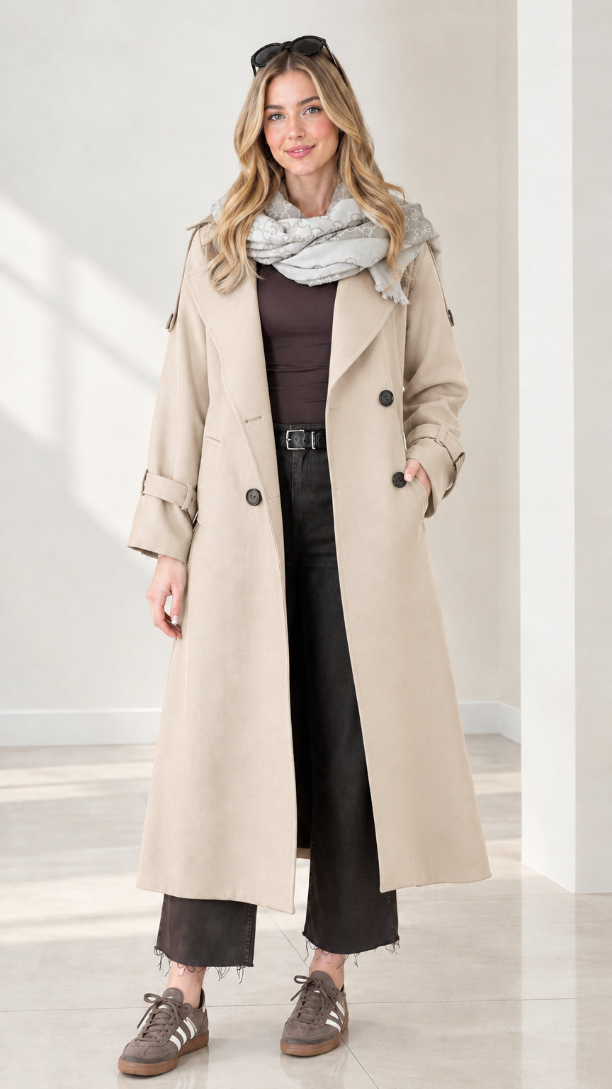 Model wearing classic beige cream long duster trench coat