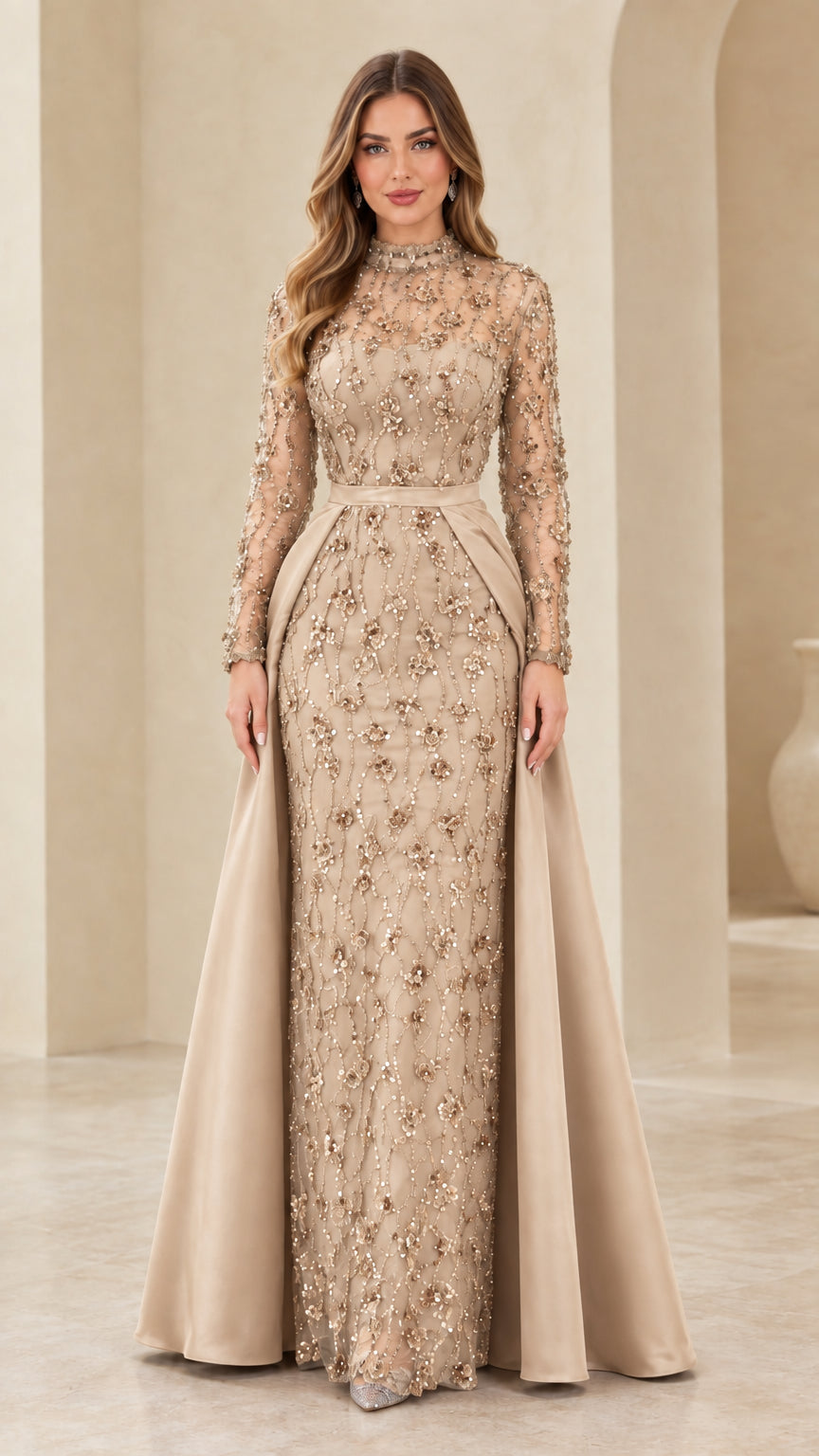 Champagne gold high neck embellished lace formal gown with full overskirt