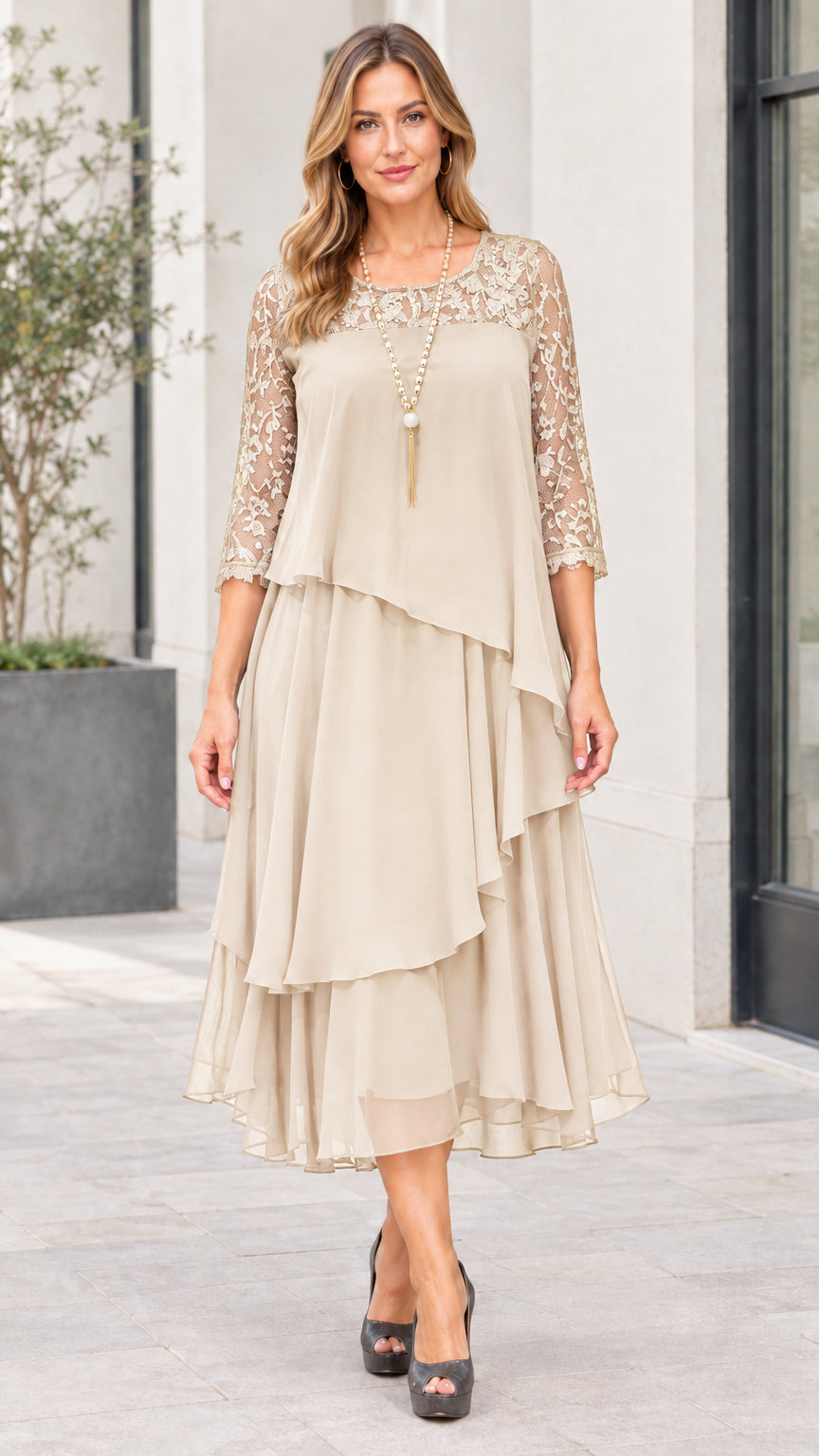 Champagne beige tiered chiffon midi dress with lace yoke and 3/4 sleeves