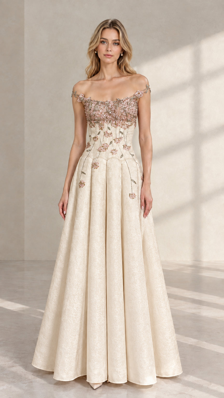 Front view of champagne cream off-the-shoulder pleated A-line evening gown
