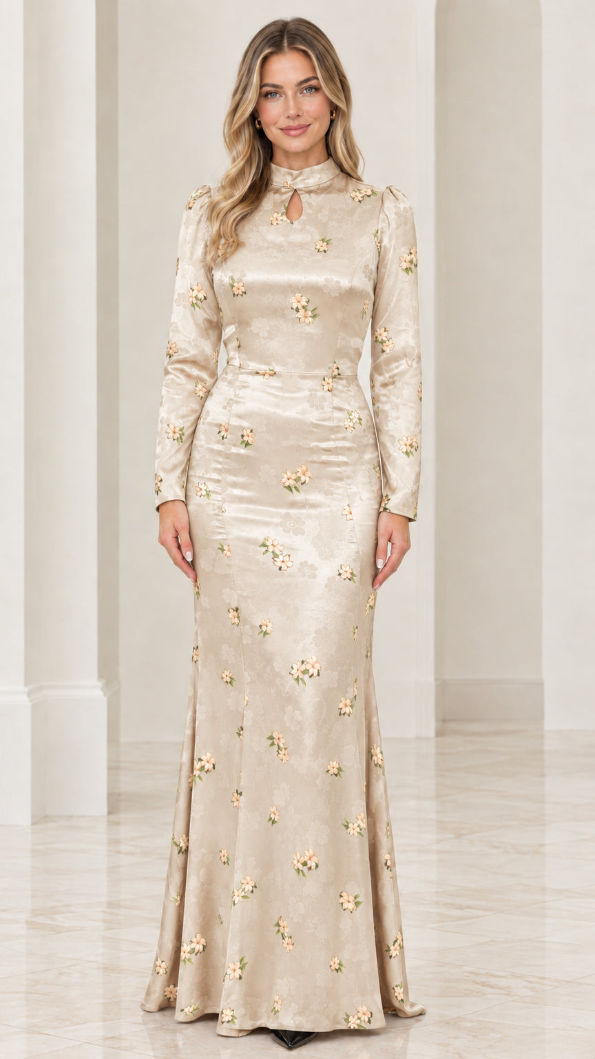 Front view of champagne gold floral jacquard long sleeve formal gown