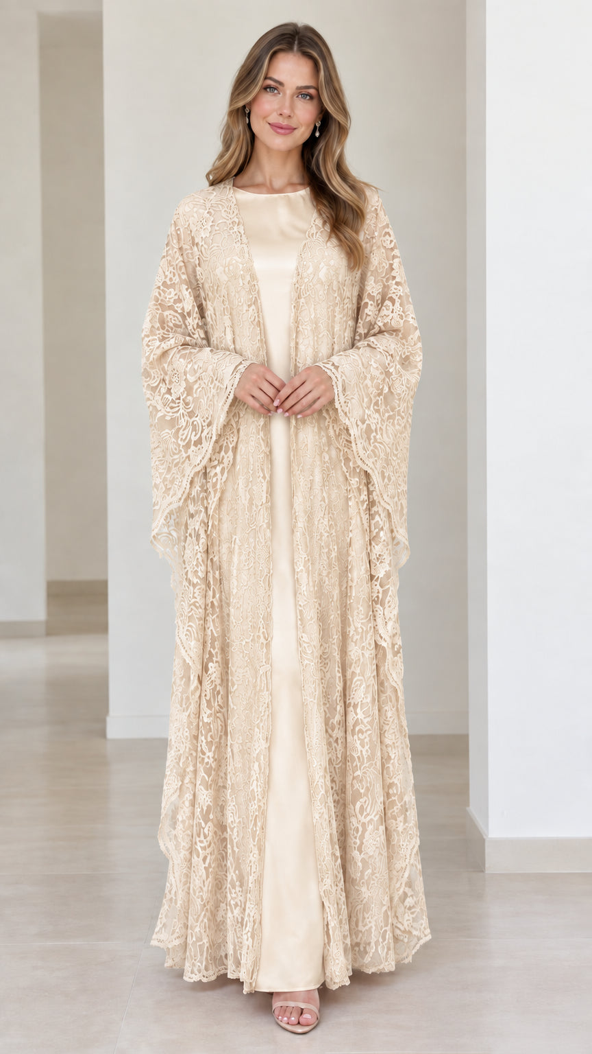 Full-length front view of champagne gold lace overlay evening dress set