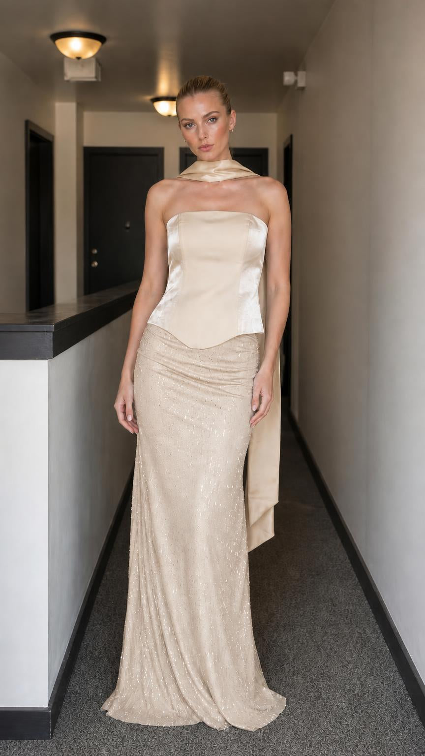 Model wearing champagne evening gown set with corset bodice