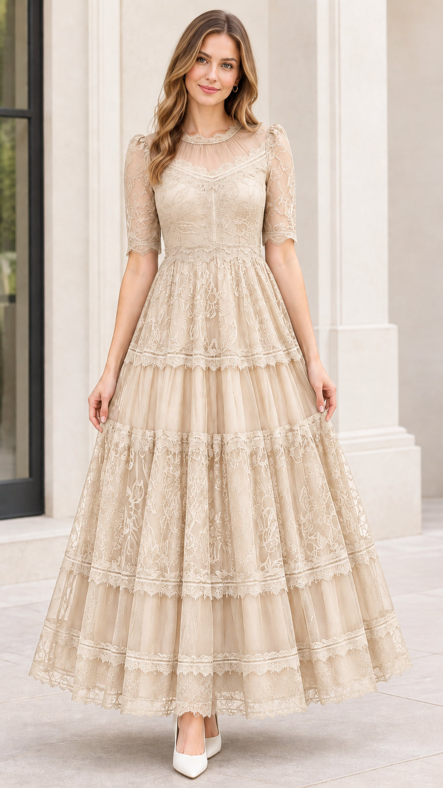 Model wearing champagne beige lace tiered maxi dress for special occasions