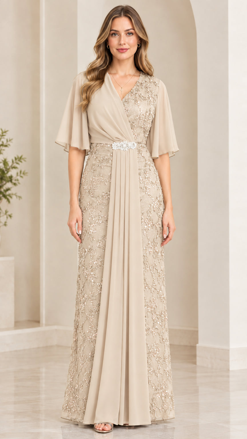 Front view of champagne beige sequin lace formal gown with cascading drape