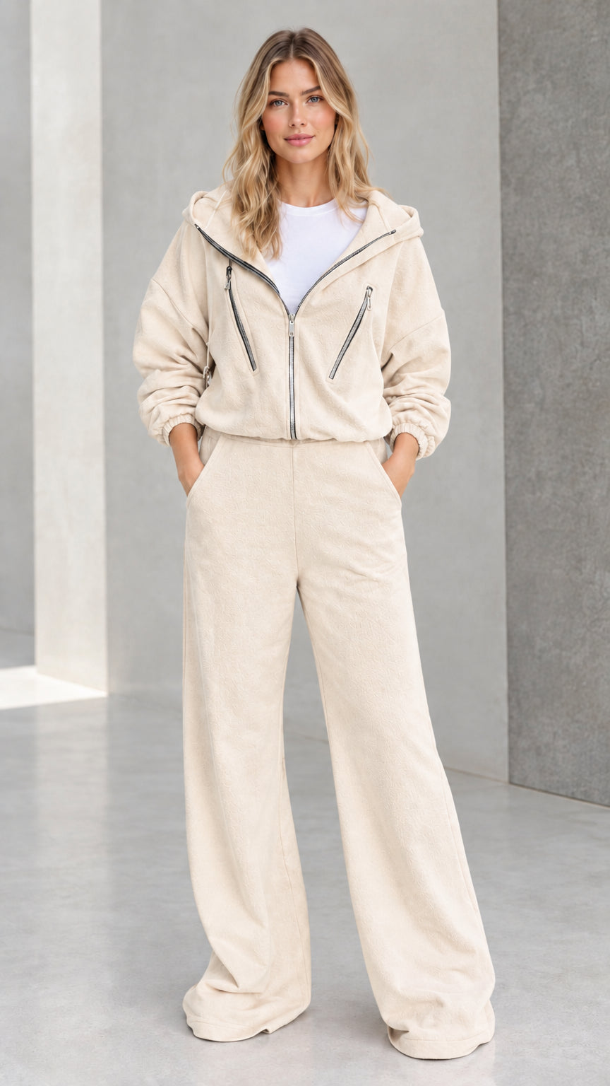 Women's beige cream zip-up hoodie and wide leg pants tracksuit set