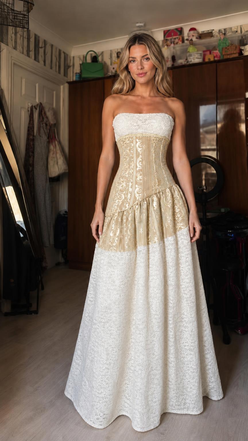 Front view of gold strapless colorblock corset maxi dress
