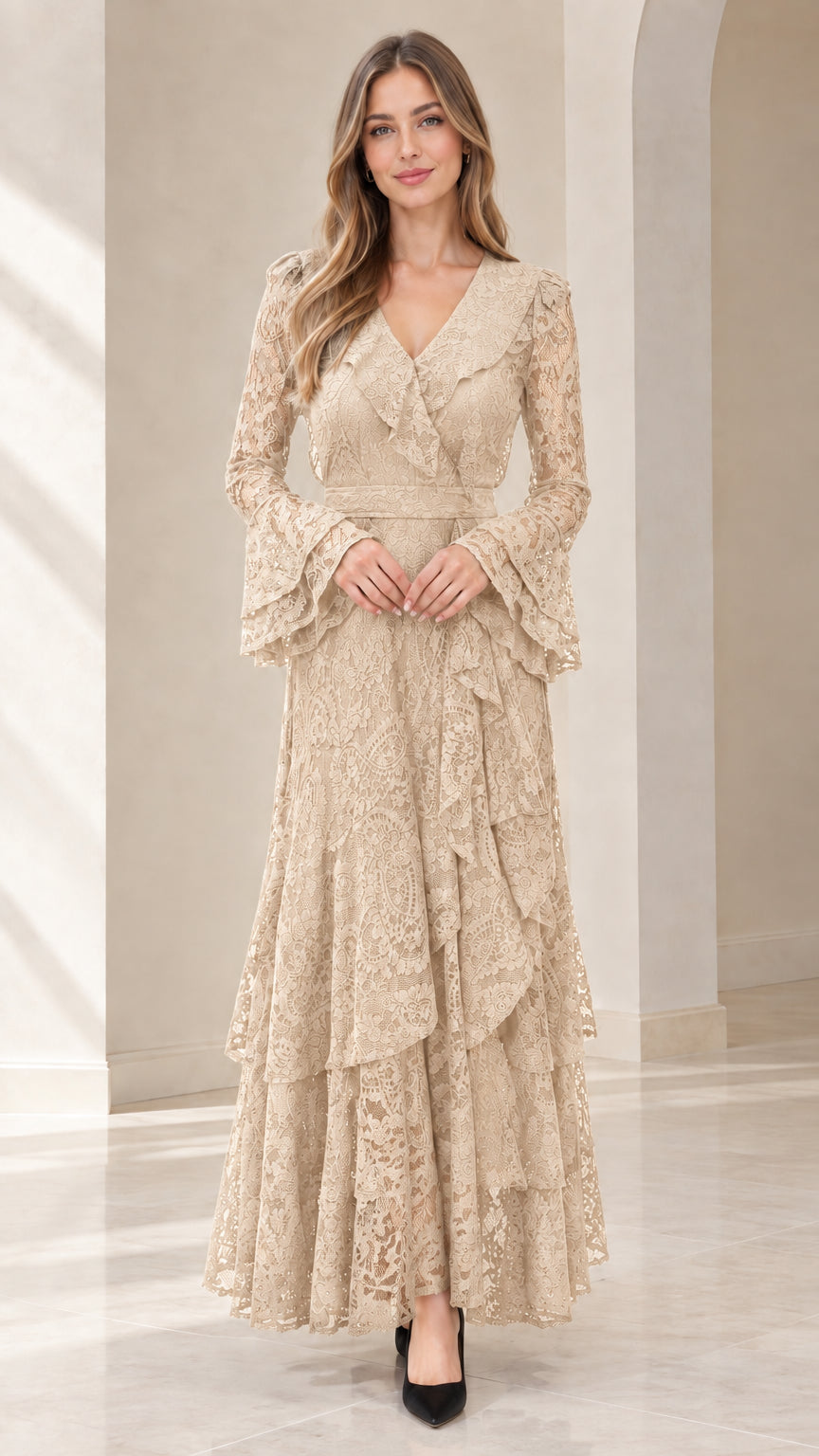Front full view of woman wearing champagne beige long sleeve lace maxi dress
