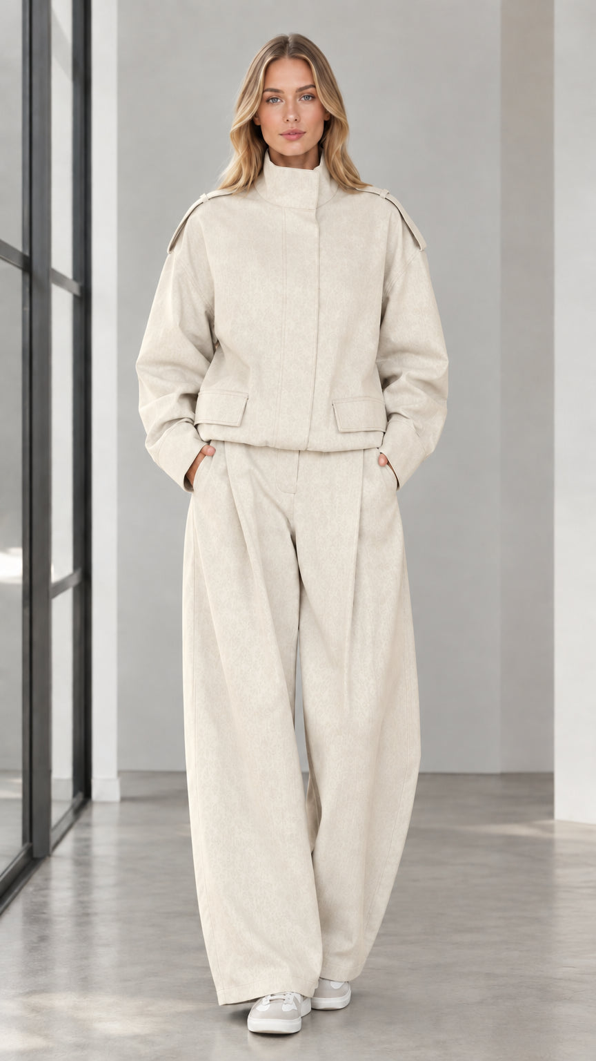 Full front view of woman wearing Cream off-white cropped jacket and wide leg trousers set