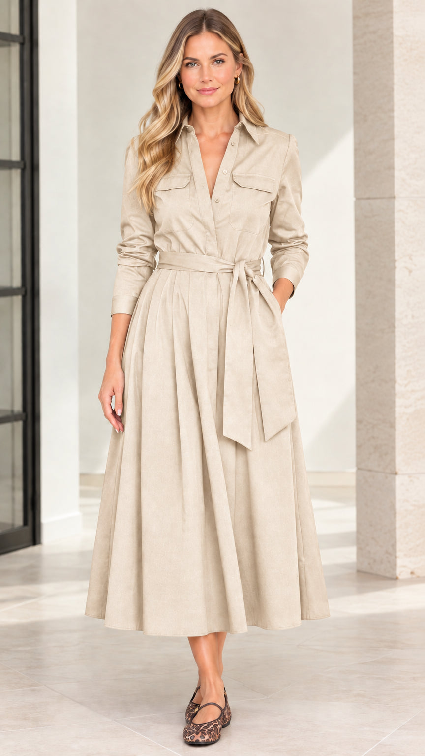 Model wearing beige khaki long sleeve collared midi shirt dress