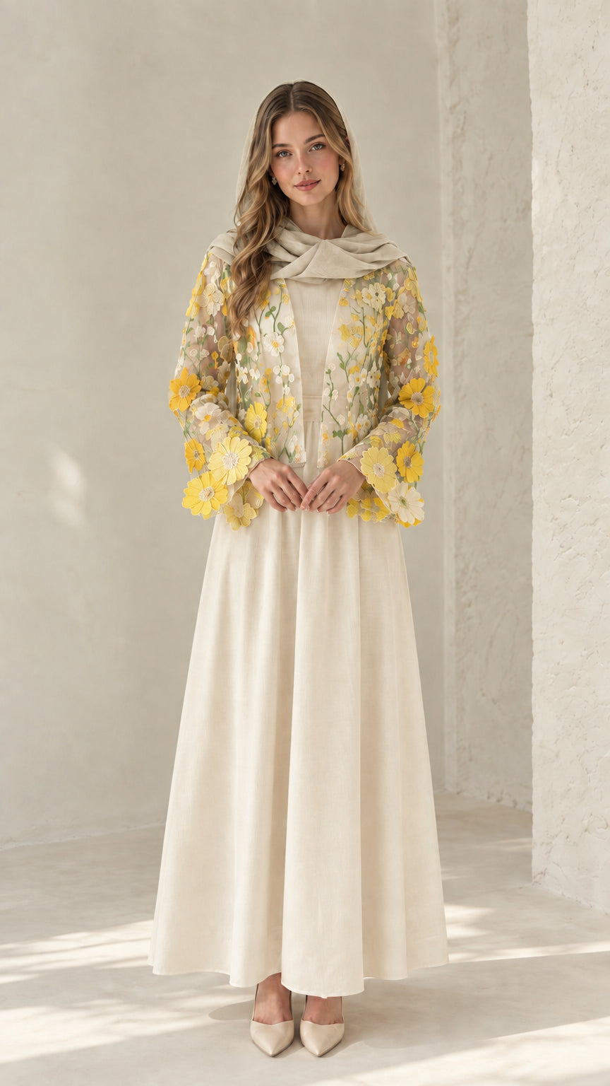 Cream off-white maxi dress set with yellow floral lace cardigan and matching scarf