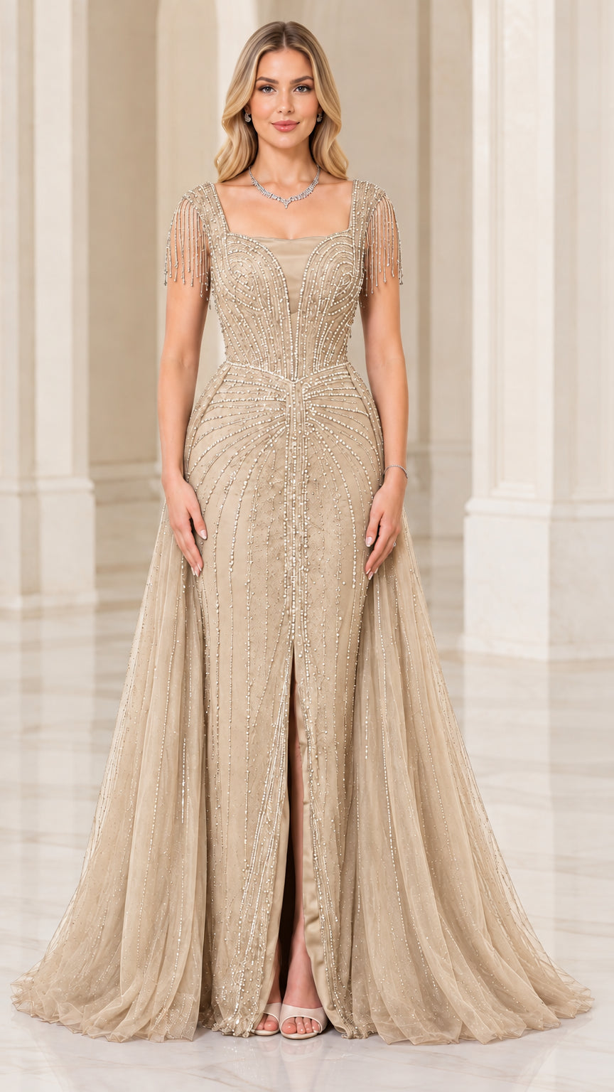Full-length front view of champagne gold beaded formal evening gown