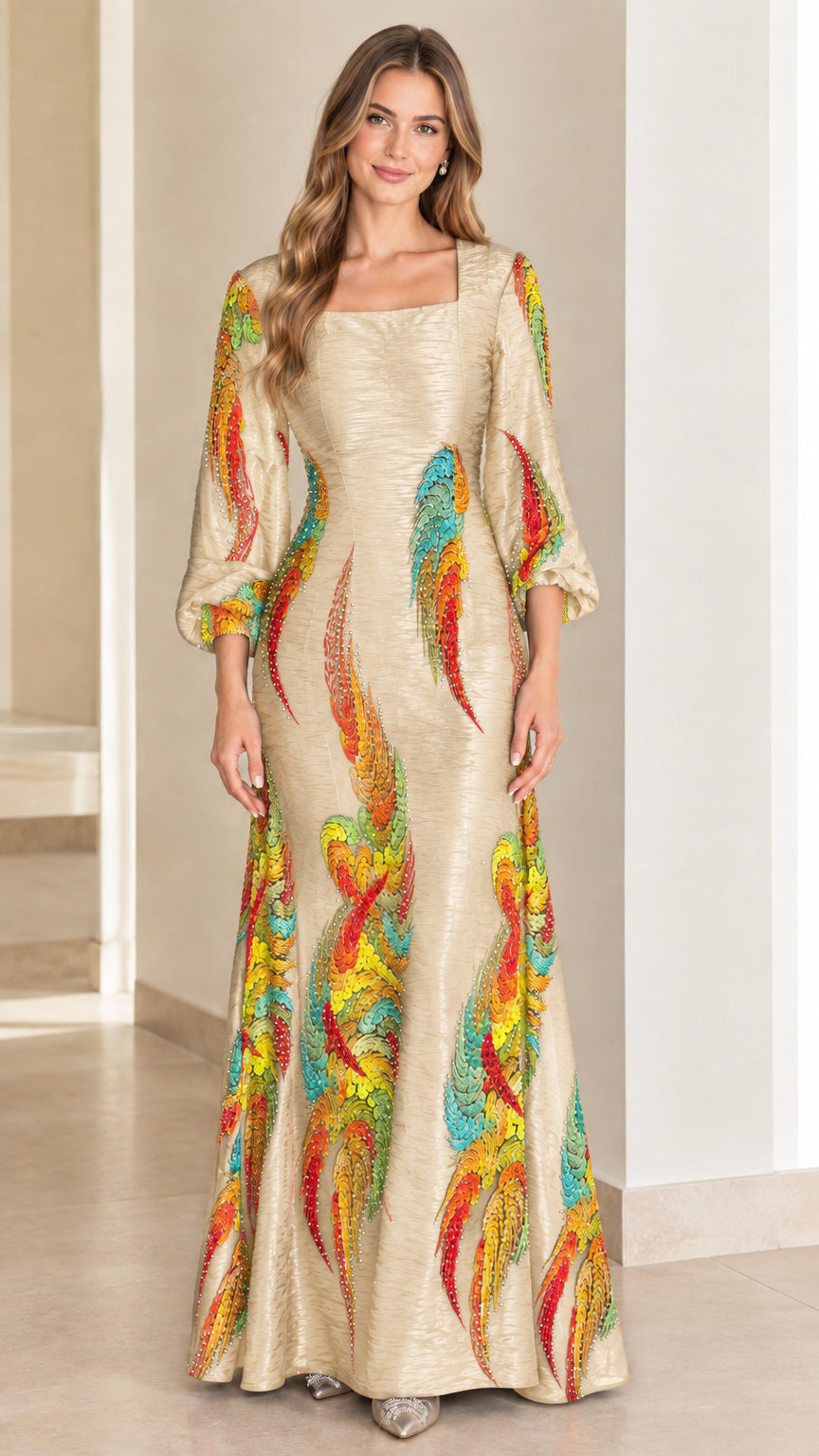 Full-length champagne gold evening gown with feather pattern details