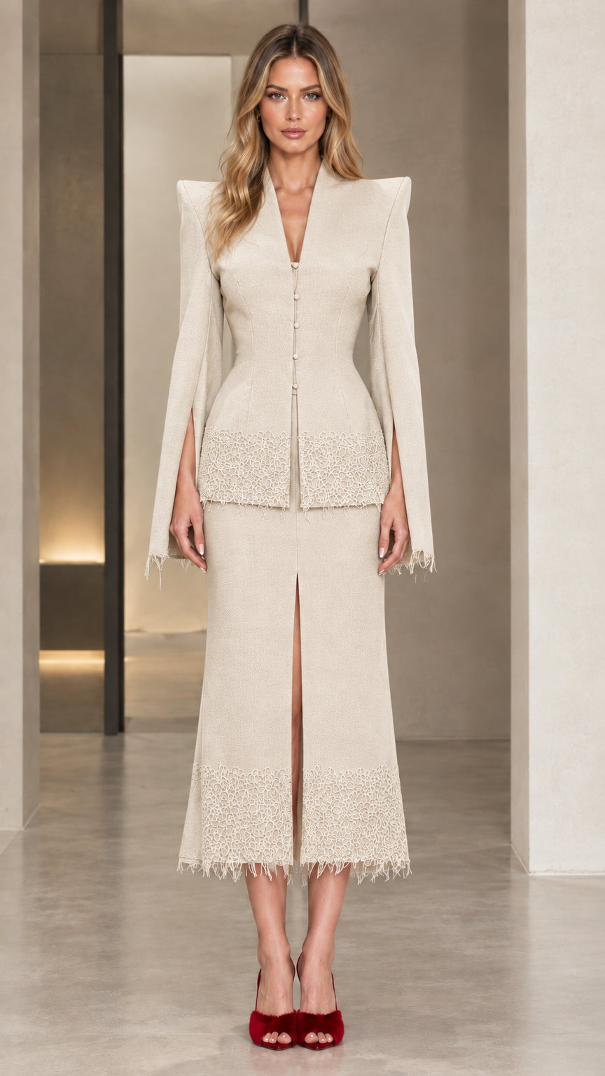 Front view of model wearing the champagne cream tailored two-piece set
