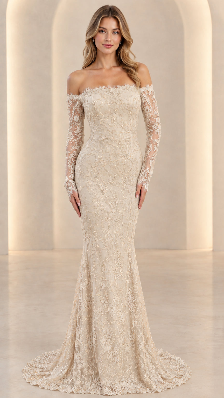 Front full view of champagne beige off-the-shoulder long sleeve lace evening gown