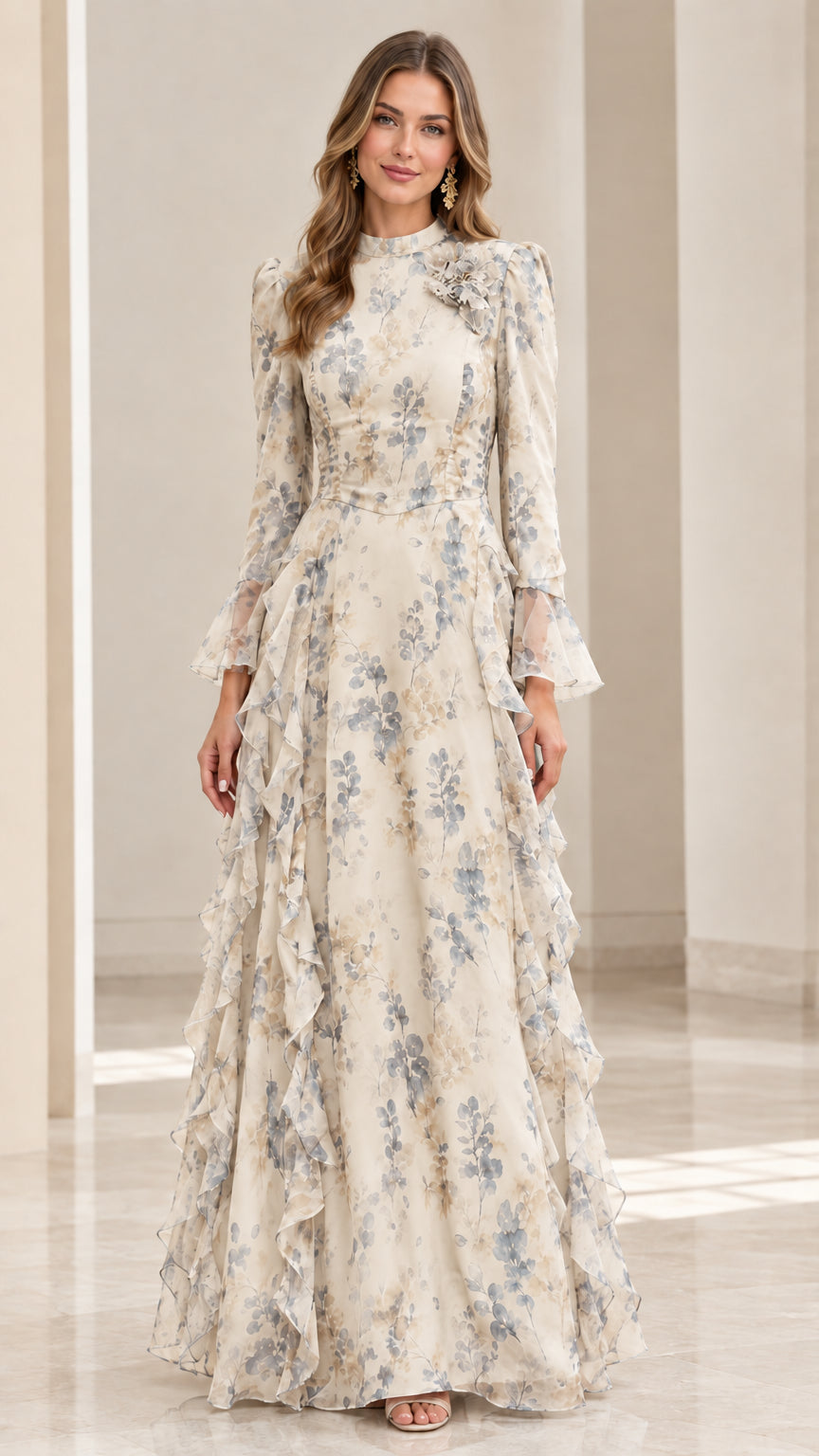 Front view of model wearing champagne cream floral tiered ruffle evening gown