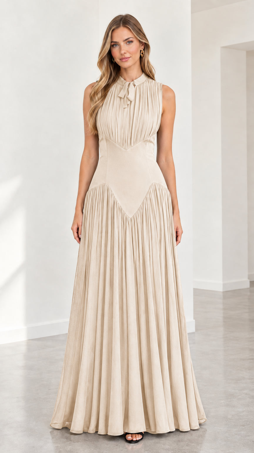 Champagne beige sleeveless pleated maxi formal evening gown