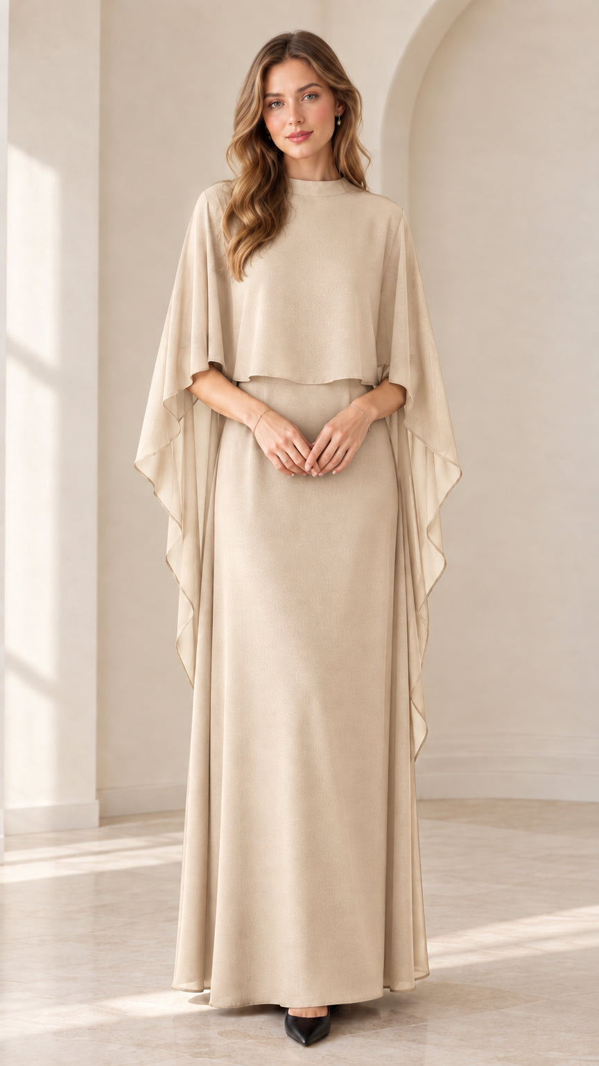 Champagne beige capelet chiffon evening maxi dress