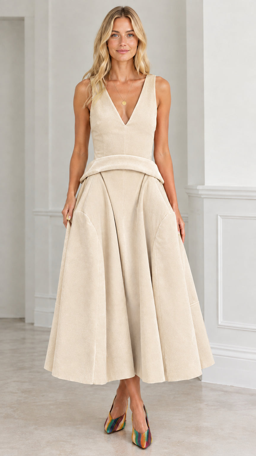 Front view of beige cream sleeveless V-neck pleated midi dress