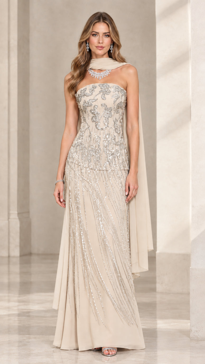 Champagne beige beaded strapless formal column gown