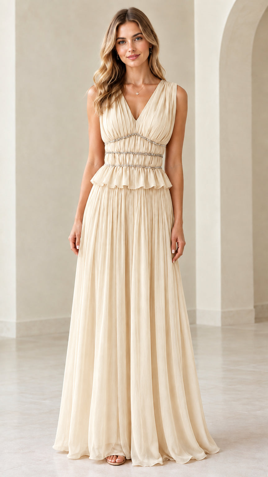 Front view of champagne cream sleeveless pleated maxi evening gown
