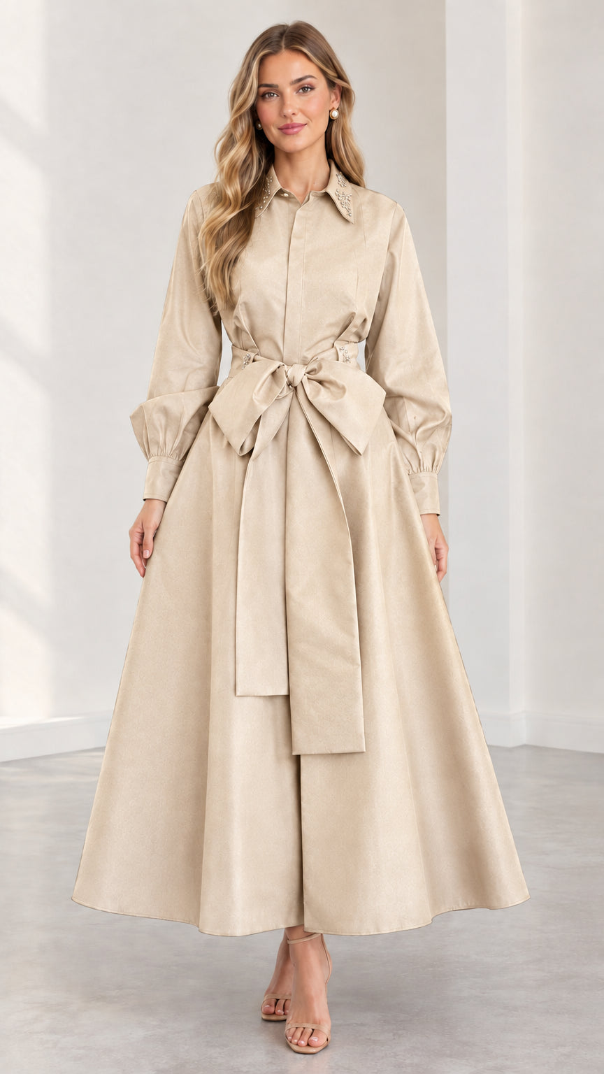 Model wearing beige champagne embellished collar maxi shirt dress