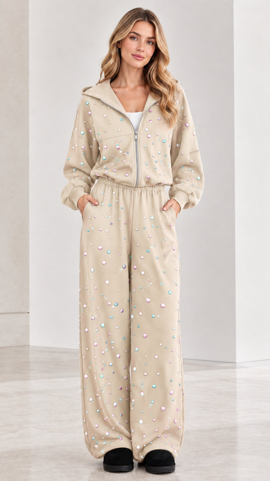 Front view of beige rhinestone zip-up hooded wide leg jumpsuit