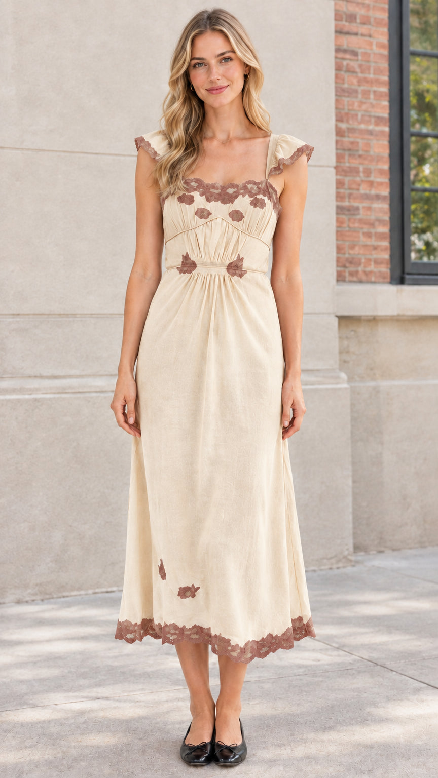 Model wearing Cream embroidered lace trim midi dress