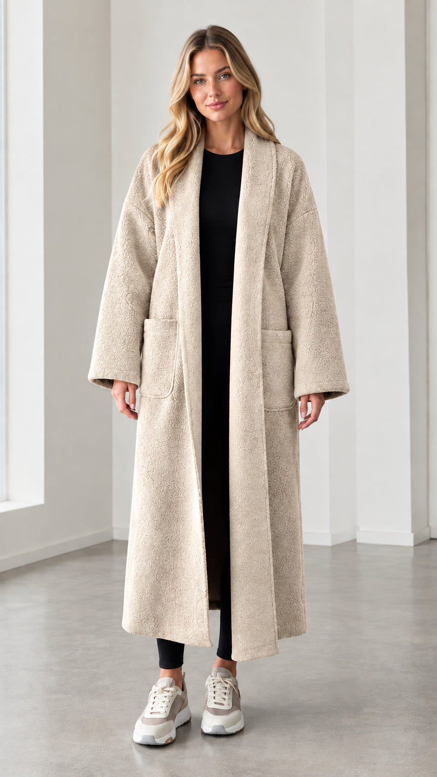Model wearing cream textured longline open front duster coat