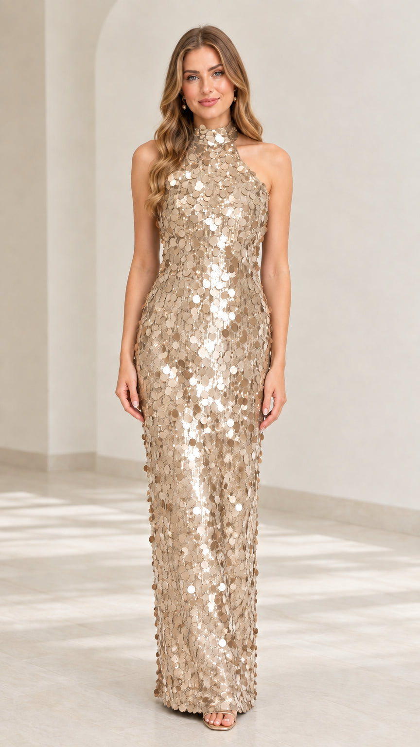 Champagne gold sequin halter maxi evening gown