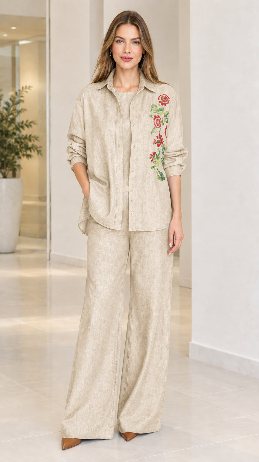 Beige khaki floral embroidered button-front shirt and wide-leg pant set