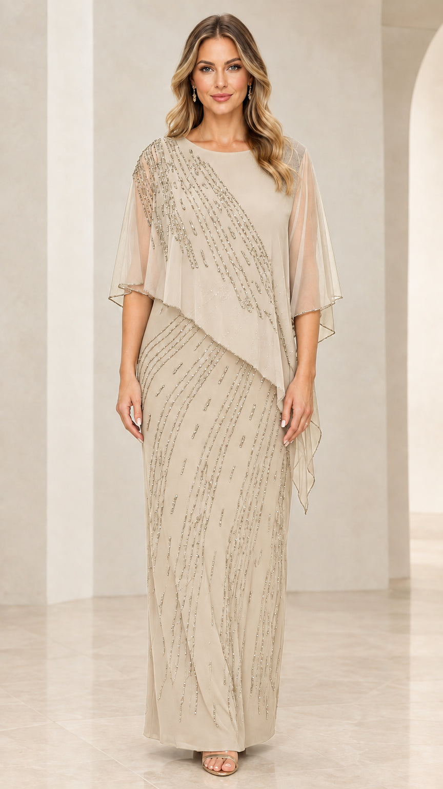 Front view of model wearing Champagne beaded capelet maxi dress