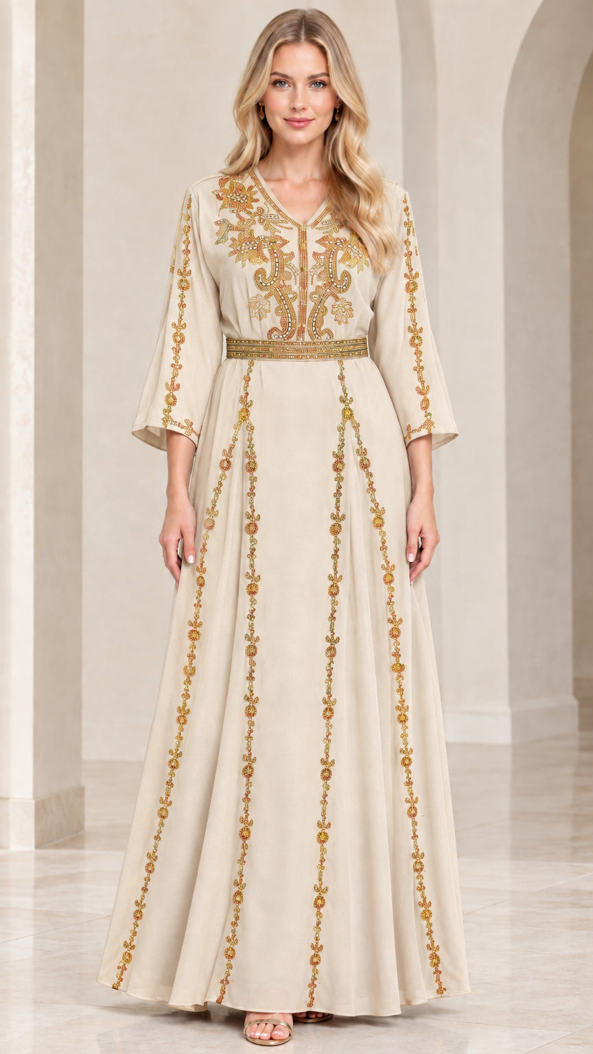 Beige cream embroidered V-neck maxi dress with gold embellishments