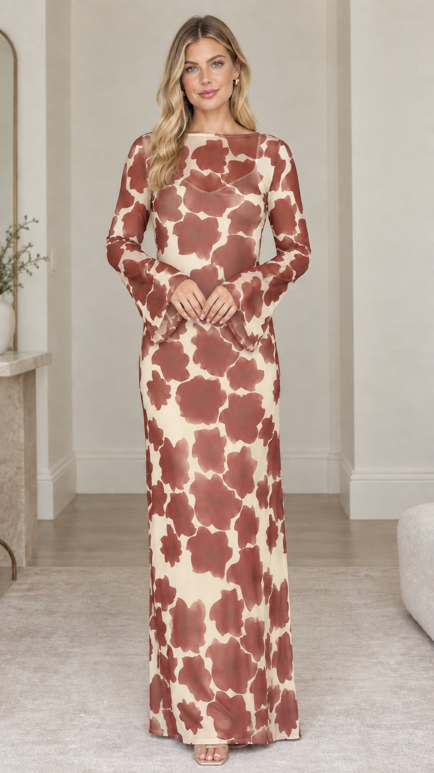 Front view of floral print boat neck maxi dress in Cream Brown