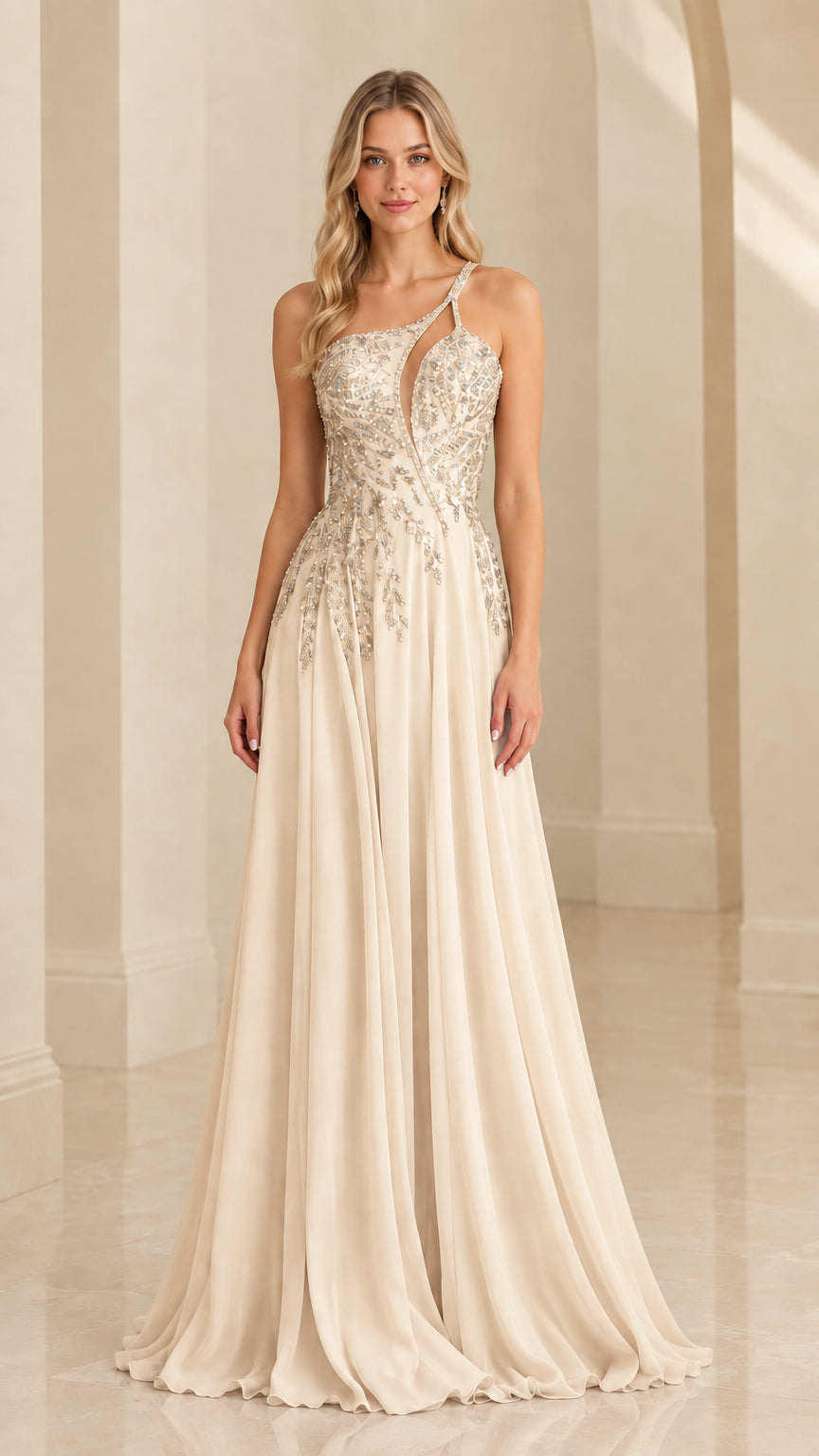 Champagne cream one-shoulder beaded evening gown front view