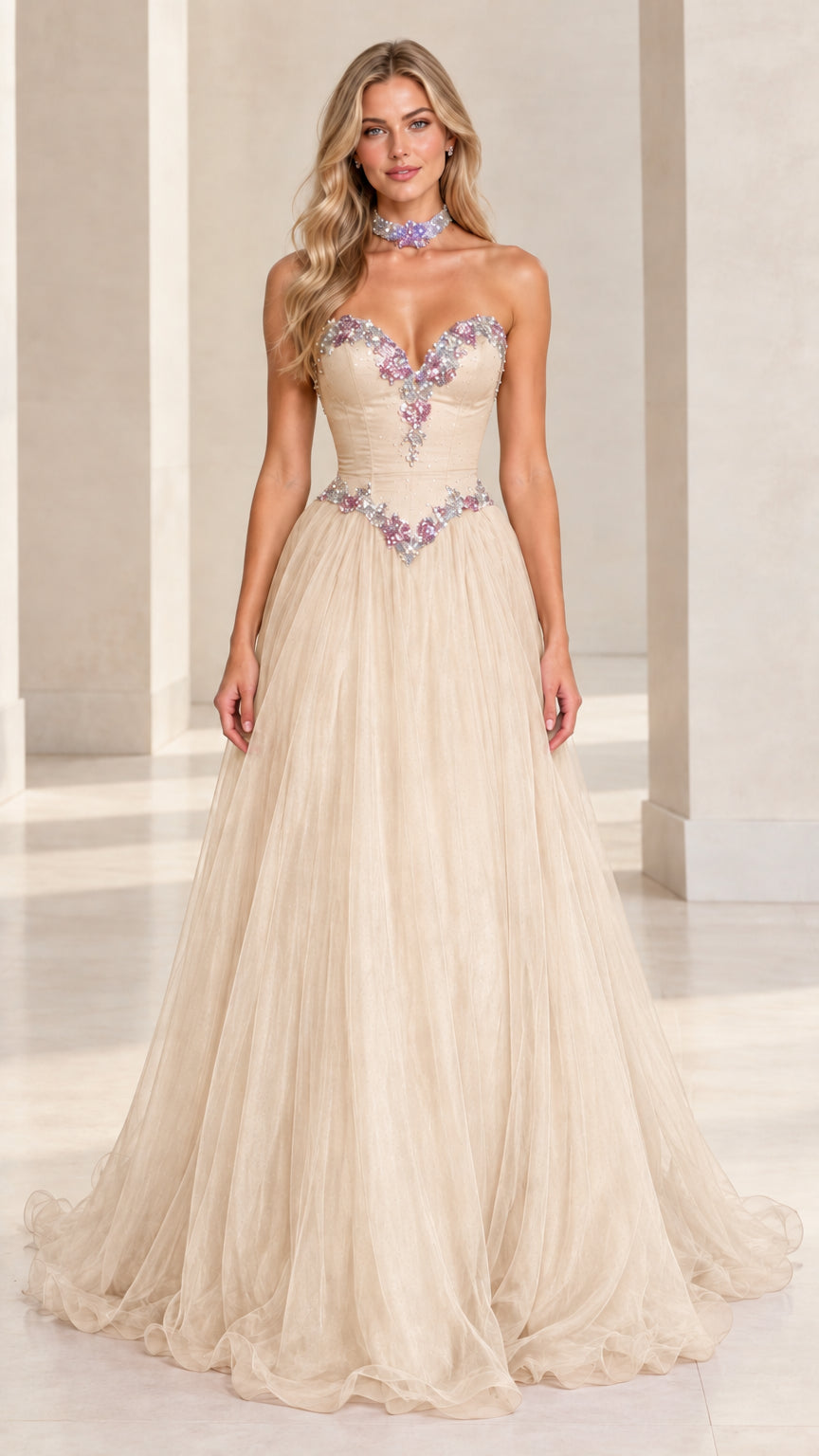 Front view of model wearing champagne beige strapless beaded tulle A-line gown