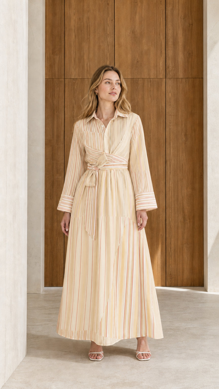 Front view of model wearing cream beige striped long sleeve maxi shirt dress