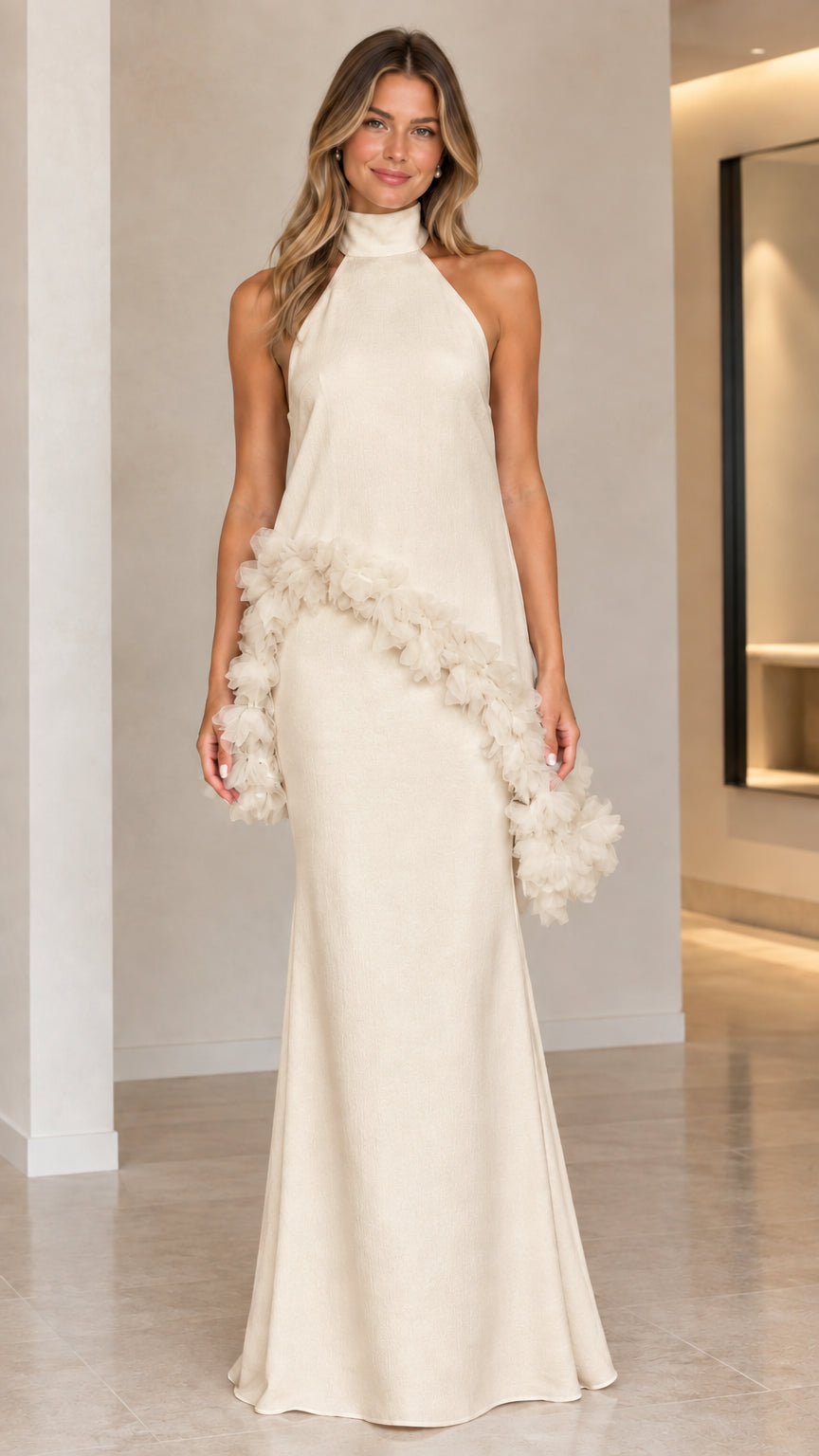 Front view of champagne cream halter high-neck column dress with floral trim