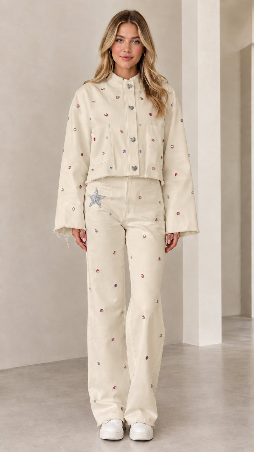 Full front view of cream off-white rhinestone cropped jacket and pant set