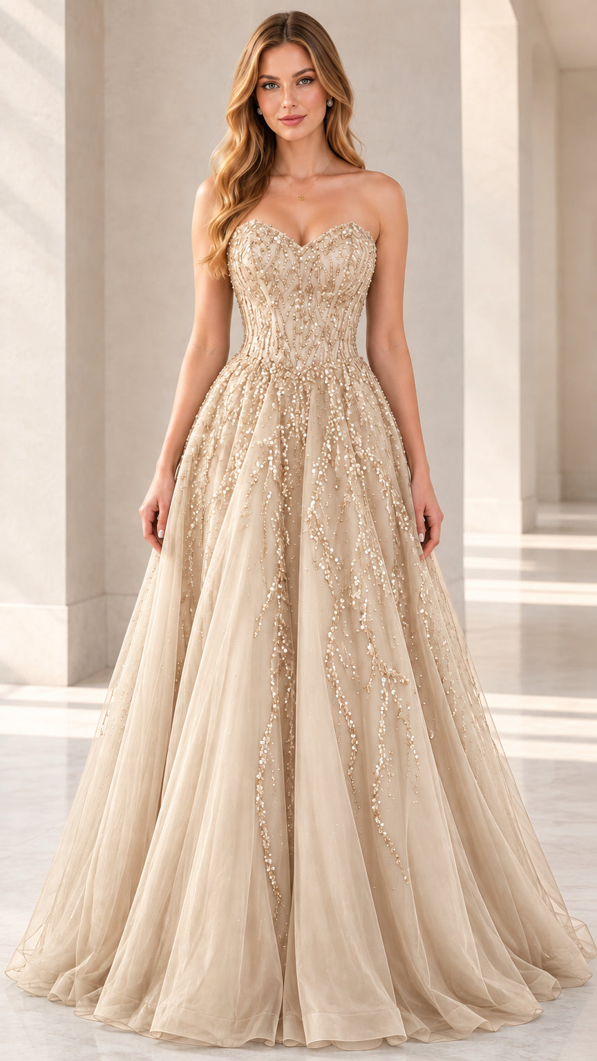 Champagne gold strapless sweetheart sequin tulle ball gown