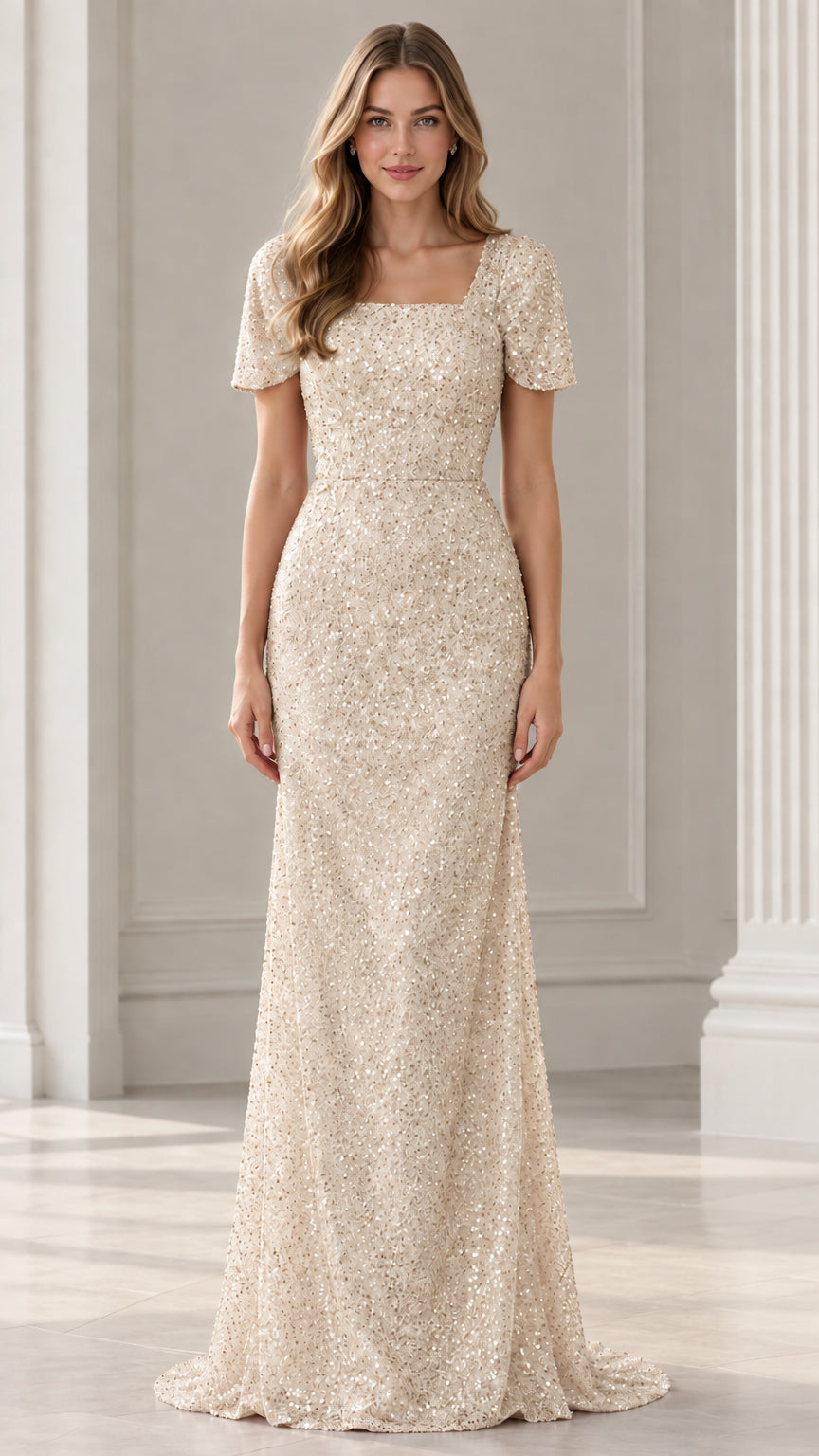 Front view of woman wearing Champagne short sleeve sequin evening maxi gown